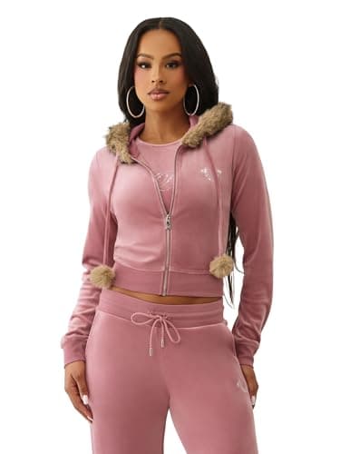Image of True Religion Velour Crystal Shrunken Women’s Zip Up Hoodie – Cropped Fit, Crystal Horseshoe Logo, Nostalgia Rose, S