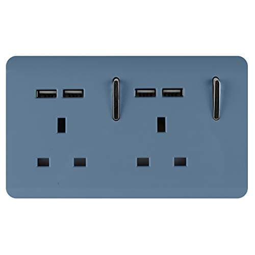 Image of Trendi 2 Gang Artistic Modern Glossy Screwless Raised 13 Amp 240v Short 4 USB Type A Charging Points Double Chrome Switched Electrical Wall Plug Socket Sky Blue - ART-SKT213USBSK