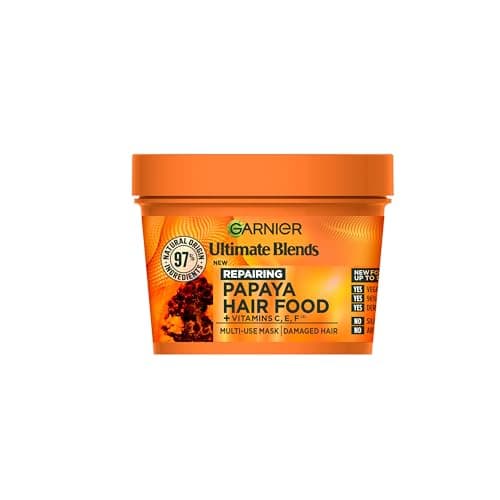 Image of Garnier Hair Food 3-in-1 Hair Treatment Mask, Intensely Nourishes and Repairs Hair, For Damaged Hair, No Silicones, Vegan Formula, Papaya, Ultimate Blends, 400ml
