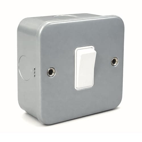 Image of SHPELEC® Grey Metal Clad 10A 1 Gang 2 Way Light Switch – Heavy Duty Industrial Wall Switch for Garage, Workshop & Utility – Includes Back Box