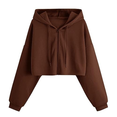 Image of CGGMVCG Cropped Zip Up Hoodie Women Casual Solid Long Sleeve Zipper Hooded Sweatshirt Crop Tops, Brown, XS