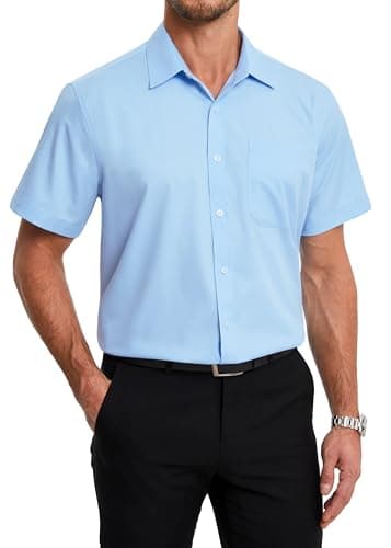 Image of HISDERN Mens Short Sleeve Light Blue Shirts Bamboo Dress Shirts for Men Casual Formal Wrinkle Free Shirt with Pocket Regular Fit L