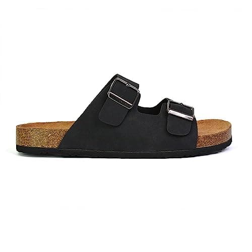 Image of ESSEX GLAM Womens Double Buckle Strap Flat Slider Ladies Casual Holiday Flip Flop Strappy Black Sandals Size 4
