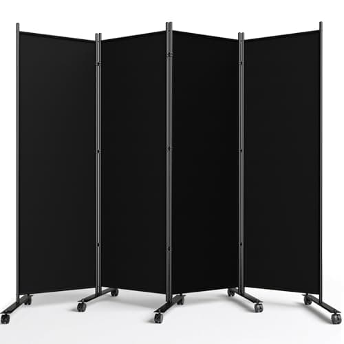Image of WELDUN 4 Panel Room Divider 183CM Folding Privacy Screens with Lockable Wheels, Room Partition for Room Separator, Freestanding Portable Fabric Wall Dividers, Black, WxH 223.5x183 cm