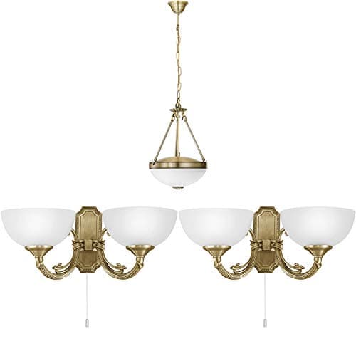 Image of Ceiling Pendant Light & 2X Matching Wall Lights-Bronze & White Satin Glass Shade - Hanging Drop Adjustable Height Lamp Living Room Set Kit