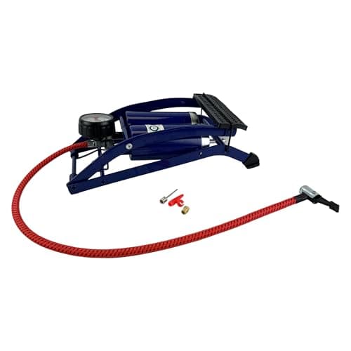 Image of Sakura Twin Cylinder Foot Pump PG270 TWN – 52 cm Hose, Thumb Lock Connector, Pressure Gauge, 3 Valve Adaptors, Blue - For Schrader Valves Only