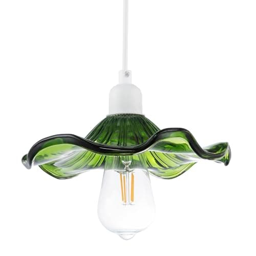 Image of Modern Designer Ribbed Emerald Green Glass Pendant Lighting Shade with Wavy Ruffled Edge | 6cm x 23cm | Chic Curving Etched Lines by Happy Homewares