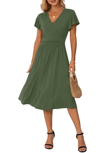Image of GRECERELLE Womens Summer Wrap Dress Ladies Casual Ruffle Short Sleeve V-Neck Floral Beach Dresses for Women (Army Green, M)