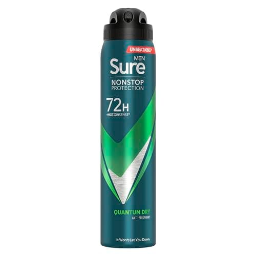 Image of Sure Men Quantum Dry Nonstop Protection Anti-perspirant Deodorant Aerosol MotionSense technology anti-perspirant deodorant spray 72h protection against sweat and odour 250 ml (Pack of 6)