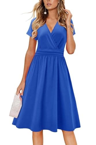 Image of Newshows Summer Dresses for Women UK Short Sleeve V Neck Faux Wrap Casual Beach Midi Sundress with Pockets(Royal Blue,M)