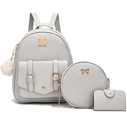 Image of I IHAYNER Womens 3 Piece Fashion Leather Backpack Set Mini Backpack Handbag Rucksack Satchel Shoulder Bag for Ladies Grey
