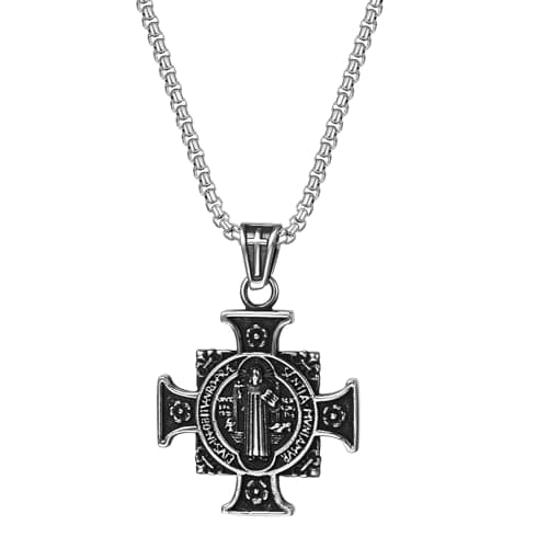 Image of Oidea Vintage St Benedict Medals Necklace: Stainless Steel Cross Pendant Christian Sacramental Medal Ward off Evil Protection Jewelry Religious Gift for Men Women, Silver