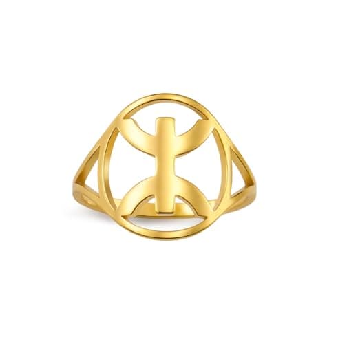 Image of EUEAVAN African Berber Symbol Ring African Ethnic Kabyle Style Amazigh Ring Muslim Tribe Egypt Religious Jewelry Country Pride Gift for Women Men (gold, 8(0.71in))