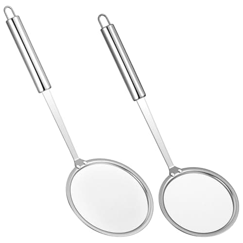 Image of Wanmu 2 Pcs Fat Skimmer Spoon, Stainless Steel Fine Mesh Strainer - Fat Skimmer for Cooking, Food Strainer for Grease, Foam & Oil - (10cm & 12cm)