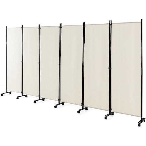 Image of COSTWAY 6 Panel Folding Room Divider, Rolling Wall Privacy Screen Protector with Wheels, Freestanding Paravent Partition Separator for Living Room, Bedroom and Office, 335 x 172cm (White)