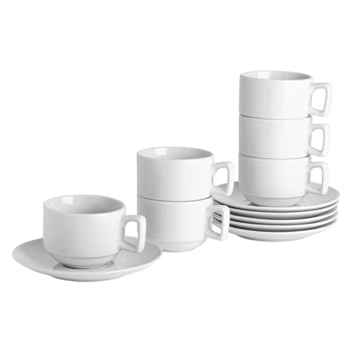 Image of Argon Tableware 12 Piece Cappuccino Cup & Saucer Set - 200ml - Classic Collection - Stacking Tea Cup and Saucer Coffee Cappuccino Mugs Latte Drinking Mug Tea Plates