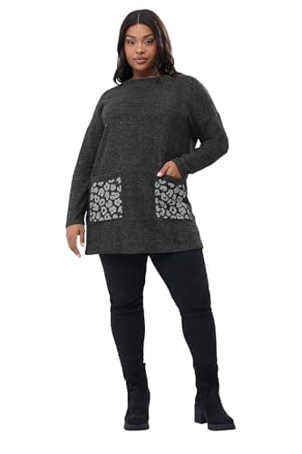 Image of Yours Curve Leopard Diamante Embellished Pocket Top - Women's - Plus Size Curve Grey