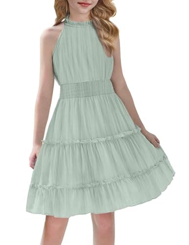 Image of Arshiner Girls Dress Green Chiffon Sleeveless Summer Casual Midi Dress Children Round Neck Festive Wedding Evening Dress Birthday Party Beach Vacation Dresses Girls' Clothing 11-12 Years