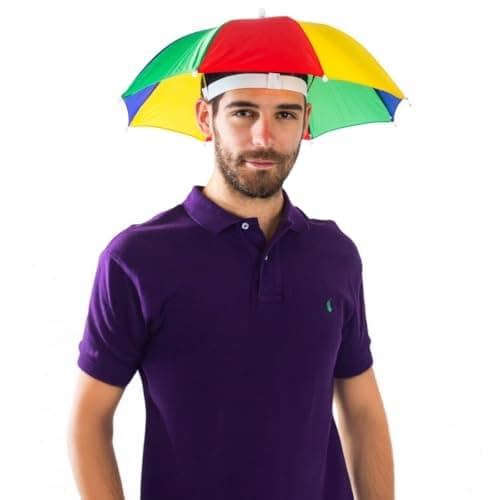Image of FUN FABLES Rainbow Multi-Color Umbrella Hat | Adjustable Hands-Free Folding Cap for Adults & Kids | Rain Hat Fancy Dress for Beach Fishing Golf Party Headwear