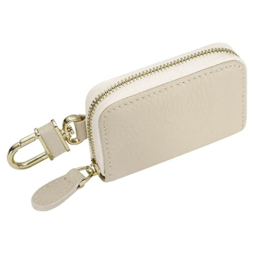 Image of sourcing map Genuine Leather Car Key Fob Case, Universal Car Key Fob Holder, Zipper Key Case Bag for Men Women, Beige