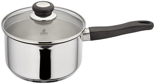 Image of Judge Vista Draining Stainless Steel Large Saucepan with Pouring Lip 20cm 3L, Shatterproof Glass Strain & Pour Lid, Induction Ready, Oven Safe