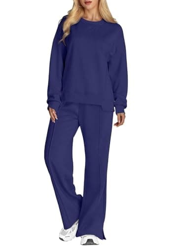 Image of SotRong Womens Crewneck Tracksuit Set Solid Color Two Piece Winter Autumn Thick Outfit Cozy Loungewear Set Oversized Baggy Jogger Activewear Sportswear Co Ord Set Sweatshirt & Sweatpants Navy M