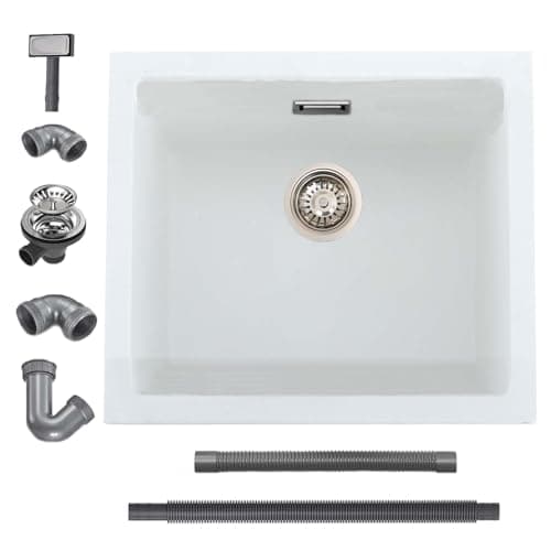 Image of iAnomla Quartz White Kitchen Sink, 50x45cm/20x18in, Composite Inset/Undermount Kitchen Sink Waste Kit,Single Bowl Commercial with Overflow, Suitable for Workstation