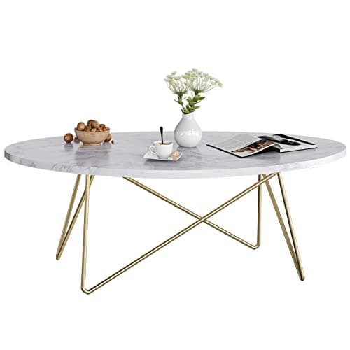 Image of FirFurd Coffee Table Marble Effect Side Table Sofa Table Oval Coffee Table for Living Room Office with Gold Legs 120x60x41cm
