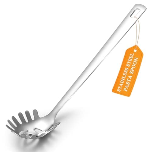 Image of Spaghetti Spoon, ReaNea Pasta Server, Stainless Steel Pasta Spoon with Teeth, One-Piece Metal Pasta Fork, Noddle Fork Kitchen Utensils, Heat Resistant, Dishwasher Safe, Easy to Clean