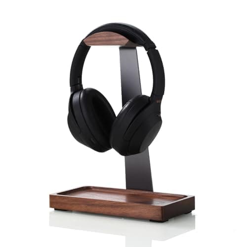 Image of NIRVASH Walnut Headphone Stand, Wood Headset Stand for Desk, Gaming Headphone Holder with Storage Base Compatible with Airpod max, Bose, Razer, Sennheiser, Jabra, JBL, AKG, Vintage Gift for Men