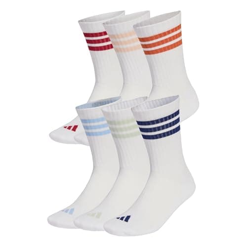 Image of adidas Unisex 3 Stripes Essentials Cushioned Crew Socks 6 Pair Pack, white/active maroon/fox orange/dark blue, 10.5-12.5