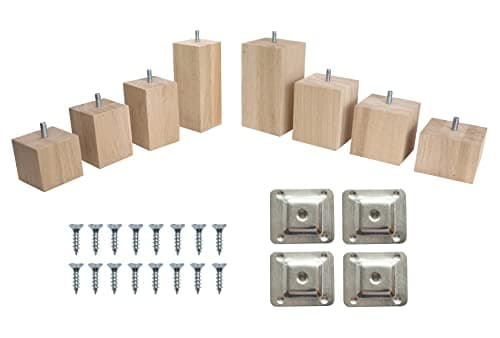 Image of 80x80x60 MM Wooden OAK Square Block Furniture Replacement Legs Feet Colour Beech Wood M8 Thread Level Mounting Plates Set Of 4 Legs For Sofa Cabinet Footstool Bed Ottoman