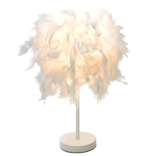 Image of GUANSHAN Mini White Feather Table Lamp Bedside Lamp Table Light Desk Feather Lampshade for Bedroom, Home Decoration, Photography Props, Style 2, S