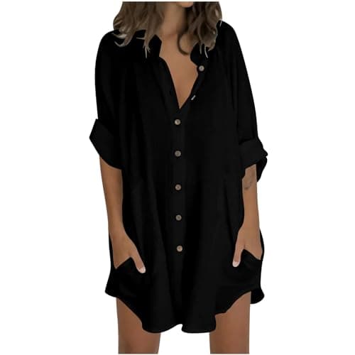 Image of Flodxo Womens Linen Tops Summer Casual Loose T-Shirt Oversized Cotton Button Up Shirts Plus Size Longline Tunic Top 3/4 Sleeve Holiday Boho Blouses Hawaii Beach Cover Up Ladies Clothes Black 3XL