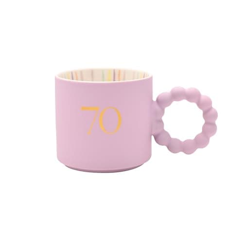 Image of Celebrations Confetti 70th Birthday/Milestone Mug - Purple Ceramic Cup with “70” Design & Unique Handle - Gift for Him or Her - 330ml / 11.15oz.