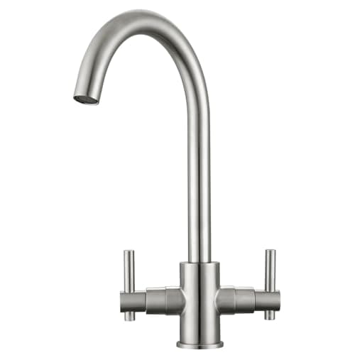 Image of Peppermint Kitchen Sink Taps Mixers Traditional Dual Lever Monobloc Brushed Steel Kitchen Mixer Taps 1 Hole Twin Lever Kitchen Tap Brushed Nickle