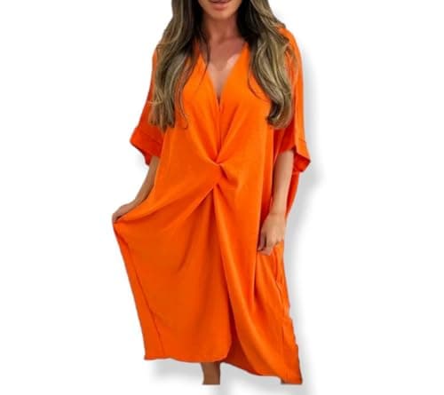 Image of Women Tie Knot Twist V-Neck Oversized Long Soft Touch Summer Smock Midi Dress Ladies Plain Batwing Sleeve Baggy Midi Dress Orange Plus Size 12-14