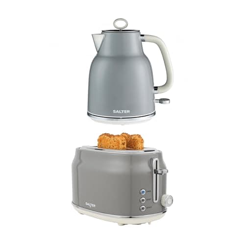 Image of Salter Retro Grey Kettle & Toaster Set – 1.7L 3KW Rapid Boil Cordless Kettle with Boil Dry Protection & Auto Shut-Off, 815W 2-Slice Wide Slot Toaster with 6 Browning Levels & Defrost/Reheat/Cancel