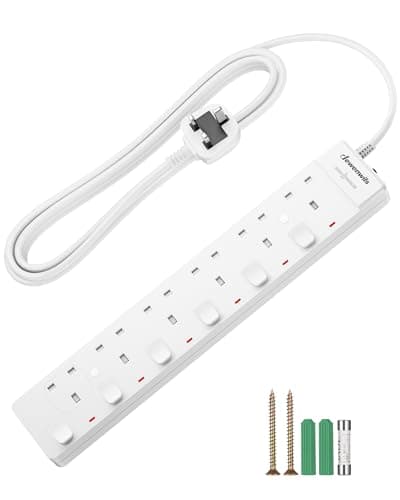 Image of DEWENWILS 6 Way Surge Protected Extension Lead, Individual Switches and Indicator Lights, Extension Cable 3M, 13 Amp 6 Gang Power Strip, 3250W, Wall Mountable, White
