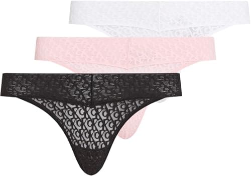Image of Calvin Klein Women's 3 Pack Low Rise Thongs with Lace, Multicolor (Black/Classic White/Buff Pink), L