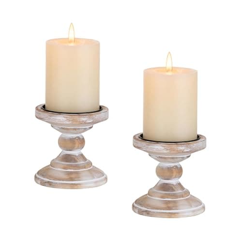 Image of Inweder Wooden Candle Holders for Pillar Candles: 2 pcs White Rustic Candle Holders Distressed Wooden Farmhouse Candleholder for Home Decor Tall Pillar Candle Holder Stand for Fireplace Party Event