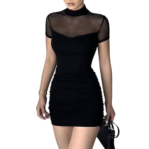 Image of EMOTTOS Sexy Mini Mesh Dress, Soft Women's Lace Patchwork Club Bodycon Dress, Half High Neck Pullover Ruched Party Dresses(Black-M)