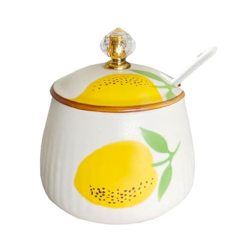 Image of Mozacona Ceramic Sugar Bowl Lemon Spice Jar Storage Jar with Lid Spoon, 10oz