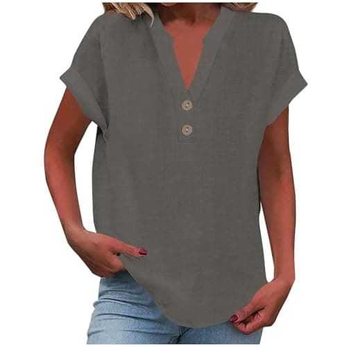 Image of Womens Tops Blouse Tshirts Women UK Short Sleeve Cotton Linen Summer Tops Plain Activewear Plus Size Button Up Casual Tshirts Tees Tunic Loose Trendy Blouse Lounge