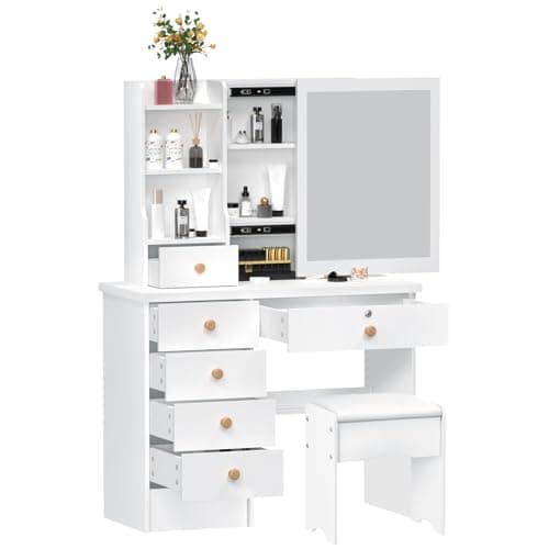 Image of joukares White Dressing Table with 6 Drawers & Sliding Mirror, Modern Makeup Desk with Hidden Storage, Open Shelves for Cosmetics, Easy Assembly Vanity Table for Bedroom, Gift for Her White