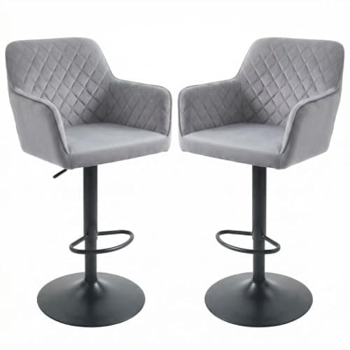 Image of Alivio Modern Velvet Bar Stools – Adjustable Swivel Counter Height Chairs with Quilted Backrest, Armrests & Footrest, Hydraulic Gas Lift Kitchen Island Bar Chairs 360 Degree Swivel (Set of 2, Grey)
