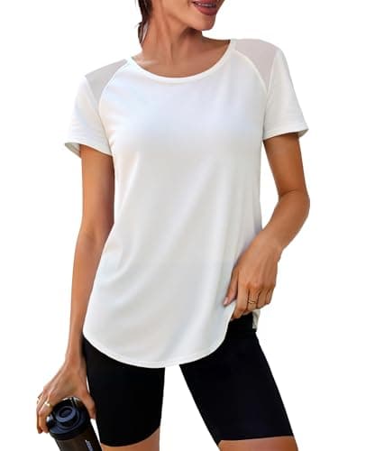 Image of Crewhpo Women's Gym Shirts Short Sleeve Sports T-Shirt Lightweight Moisture Wicking Quick Dry Back Mesh Activewear Tees Running Tops A-White