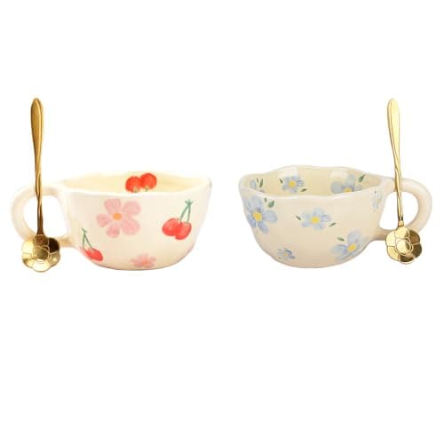 Image of XinHuiGY Cute Coffee Mug, Ceramic Tea Mugs, Kawaii Coffee Cup, Handmade Creative Flower Mug with Spoon, Aesthetic Mug for Milk Cocoa, 250ml, Mother Day Gift for Mom Women Christmas (Pink&Blue)