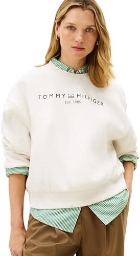Image of Tommy Hilfiger Women's CORP LOGO MDRN SWTSRT WW0WW47831 Pullover Sweatshirt, WHITE (Ecru Heather), S