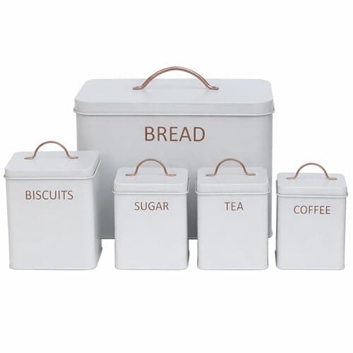 Image of simpa 5PC Square Kitchen Storage Set: Bread Bin, Biscuit Tin and Tea, Coffee & Sugar Canister Set - Light Matt Grey - Vintage Classic Inspired Metal Storage Set.
